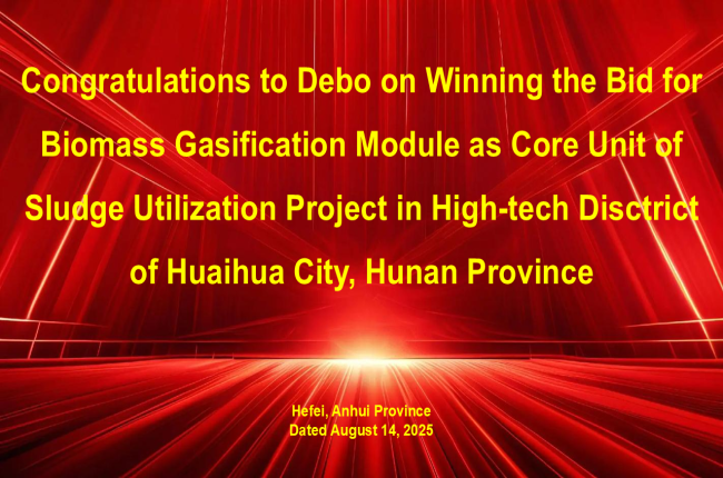 Debo Won the Bid for Biomass Gasification Module as Core Unit of Sludge Utilization Project in High-tech Disctrict of Huaihua City, Hunan Province